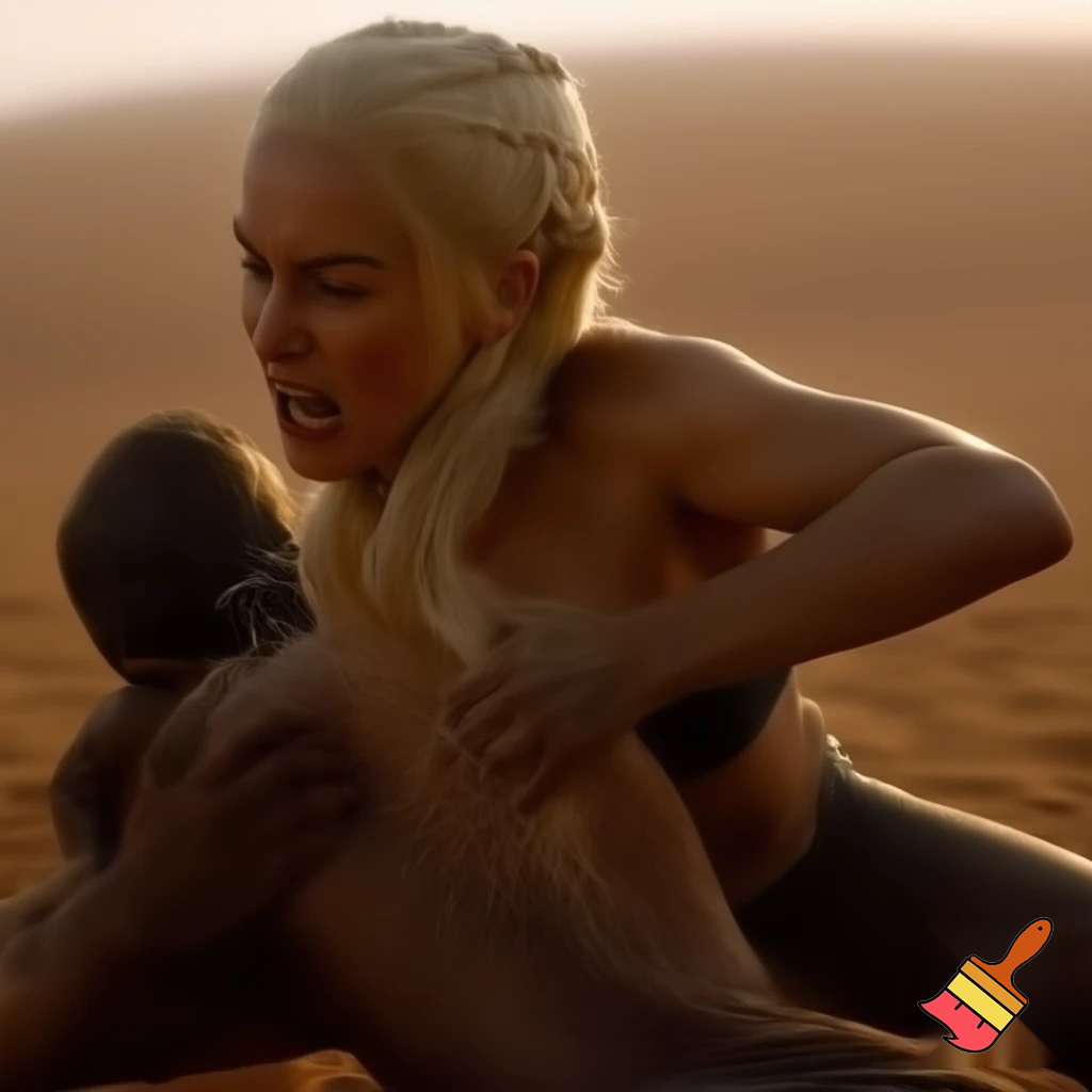 Daenerys Targaryen and Cersei Lannister wrestling the desert , Cersei Lannister is under Daenerys and losing. Both are naked and all sweaty 
