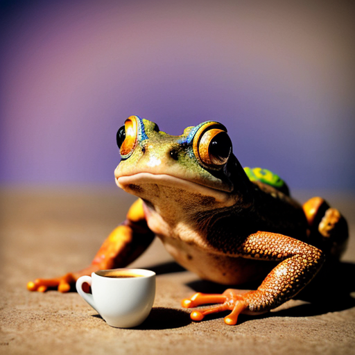 A hillarious, funny boho toad with some hippie colored coffee cups. Psychedelic decorated background.