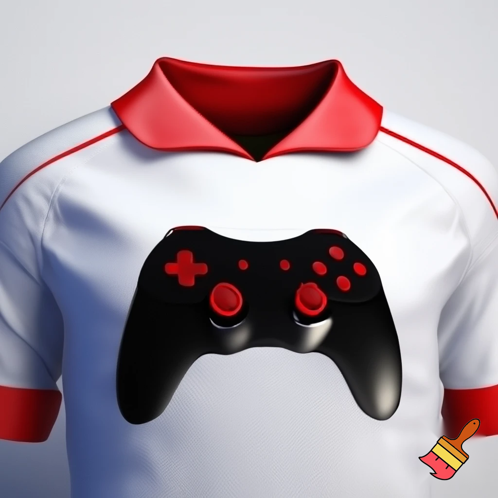 Una maglia da calcio bianca con alcuni dettagli rossi come il colletto alto e disegnato al centro di una maglia un controller nero con dettagli rossi