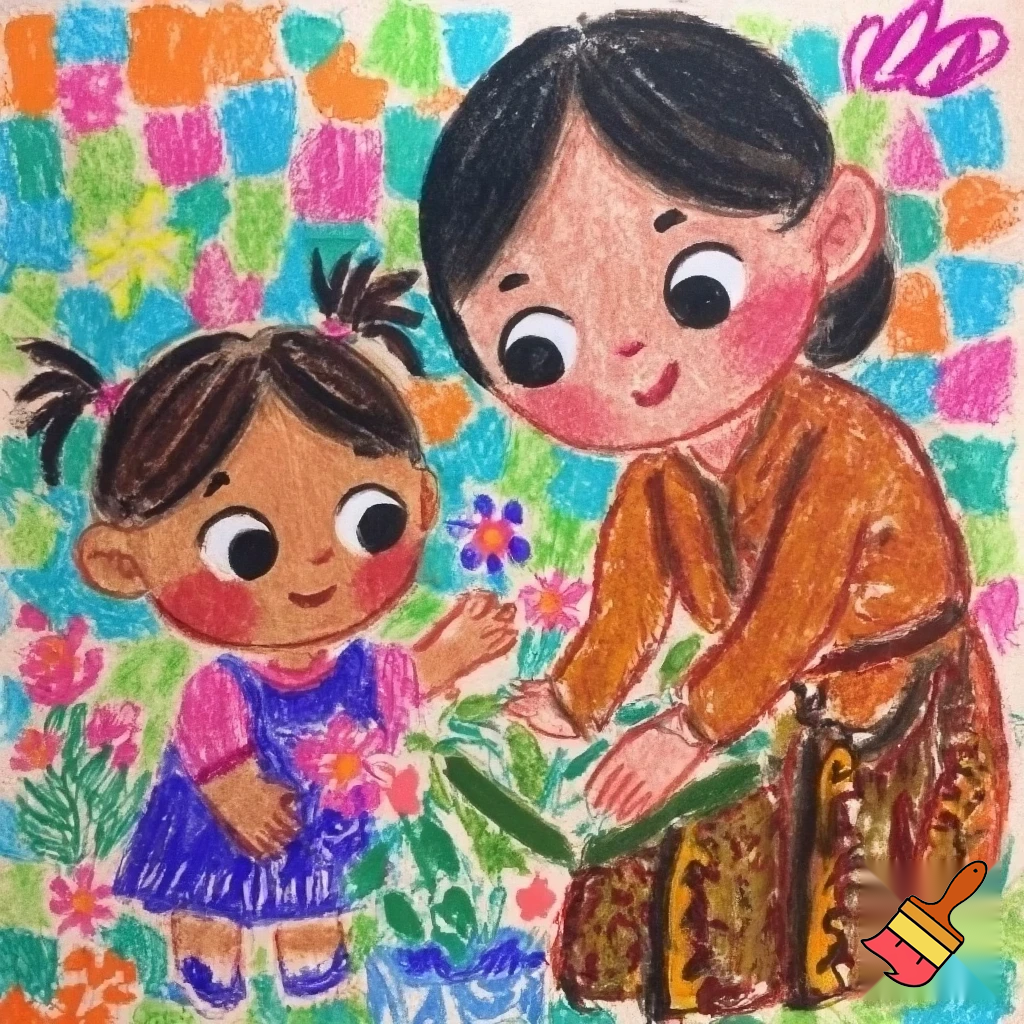 create a colorful crayon drawing of a girl and her malay maid