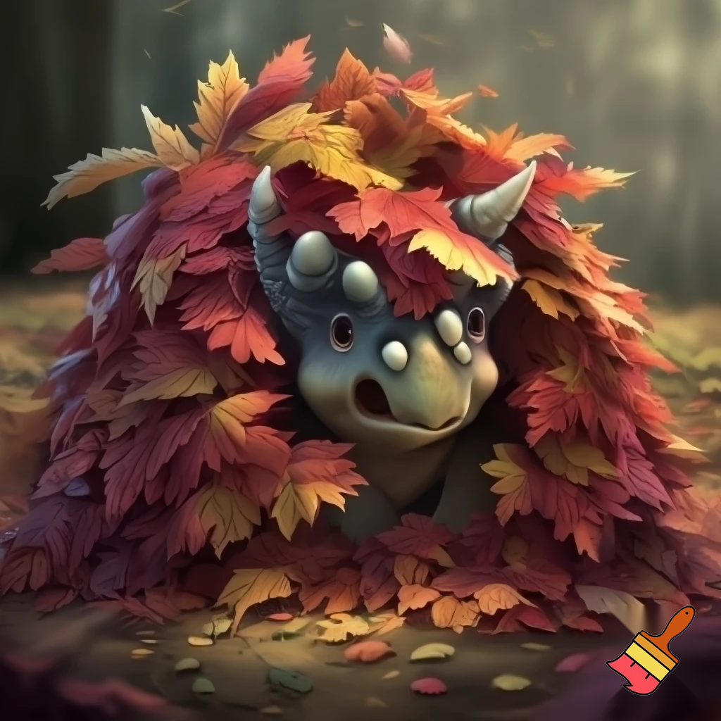 Cute baby triceratops hiding his head in pile of leaves 