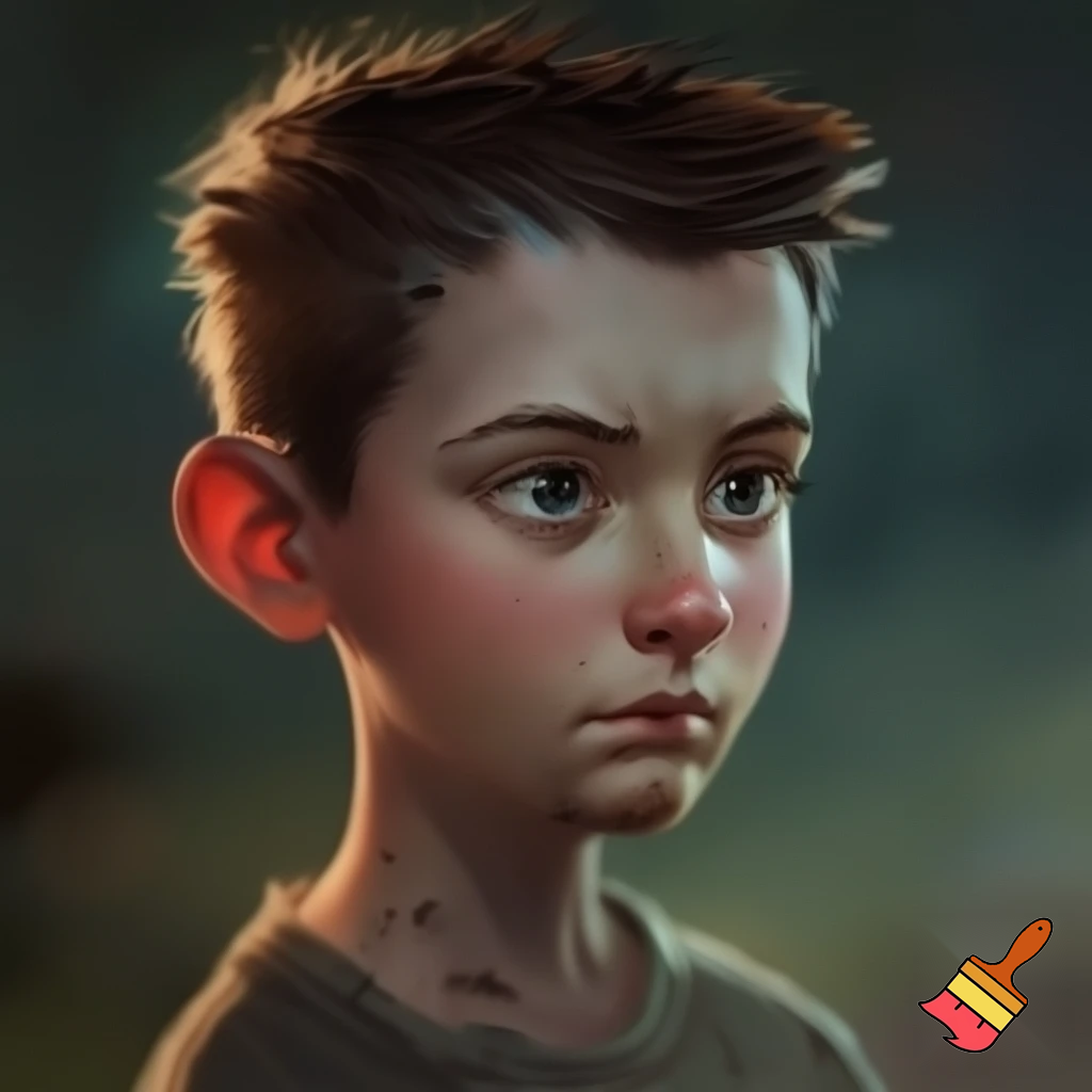 Boy about 11 years old with brown, patchy and sharp hair with dirty shirt who looks cautious and curious 