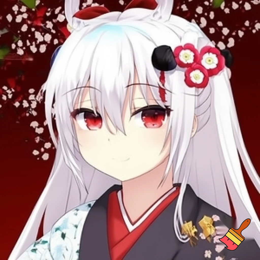 anime girl with white hair and red eyes and cultural japonese 