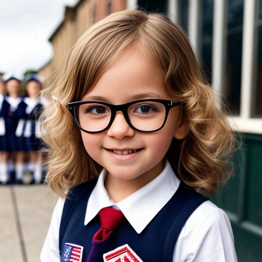 Cute adorable niña Chilindrina glasses con hair lazo curly Blonde con sailor uniforme escolar con zapatos negros escolar con calcetines blancos con Estados Unidos América bandera con desfile con ciudad 3