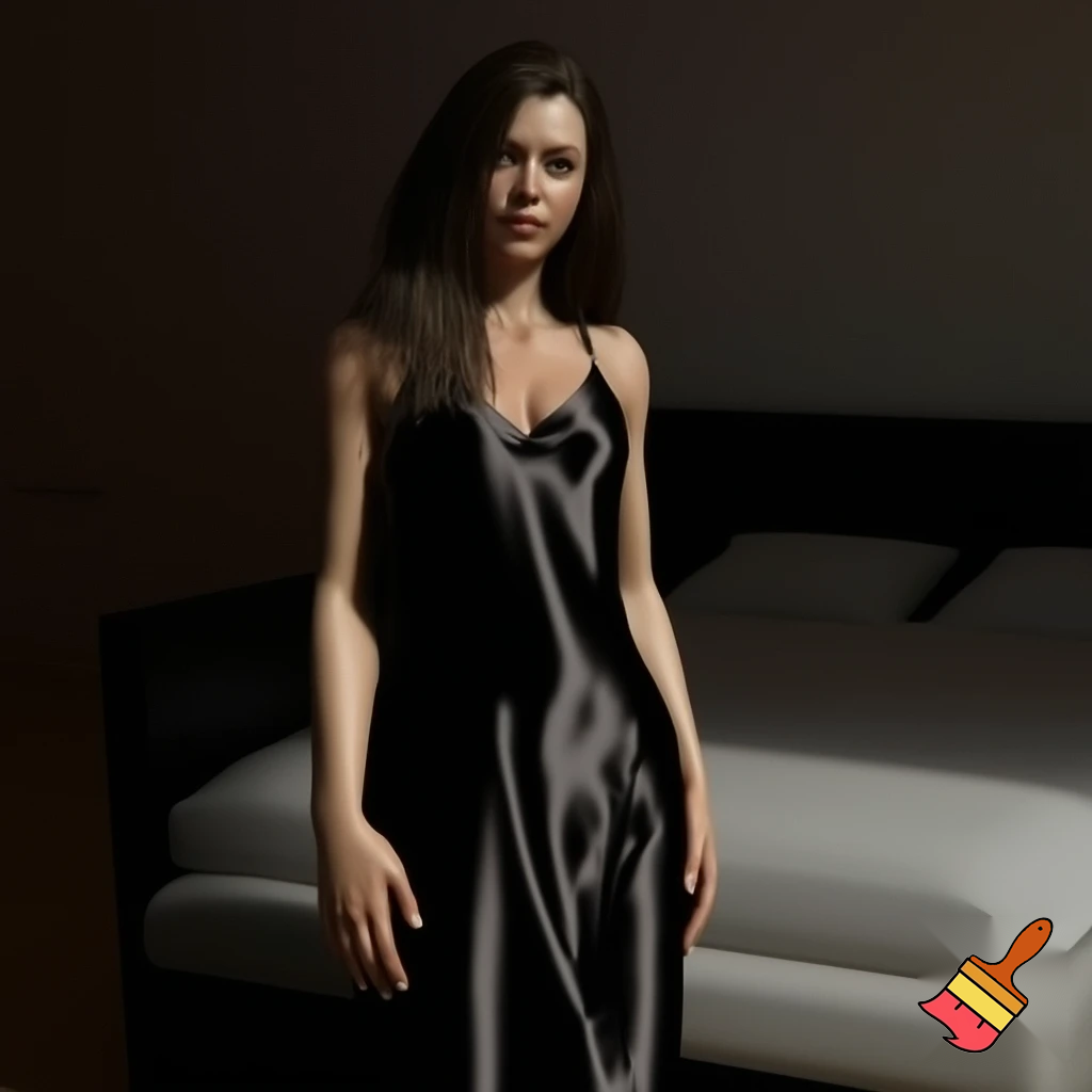 Brunette woman in full length black satin nightgown