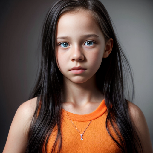 13 year old Canadian tomboy girl with long light black hair and orange eyes