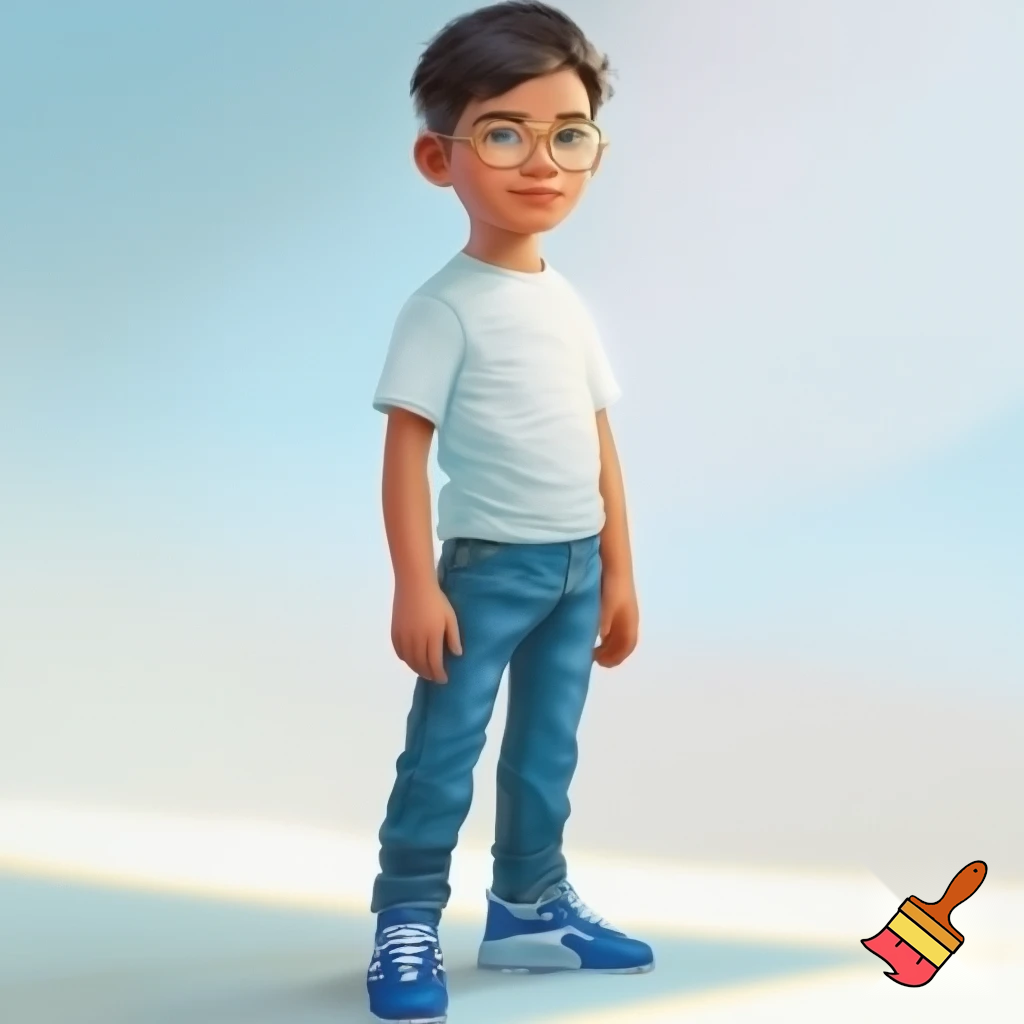a boy standig he has a white skin coulor and black short hair he has bleu geans and a white bloes and bleu airmax shoes and he is whereing gold glasses and he is 12 years old and his hair is fully black and he is a bit taller and his skin is super light brown


