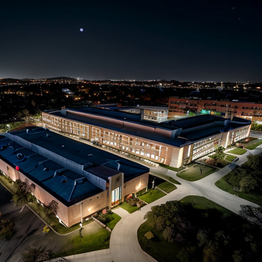 Night aerial view of a large engineering university campus, academic buildings, boys hostel, empty roads, cold blue moonlight, eerie atmosphere, cinematic animated horror movie style, Khooni Monday style