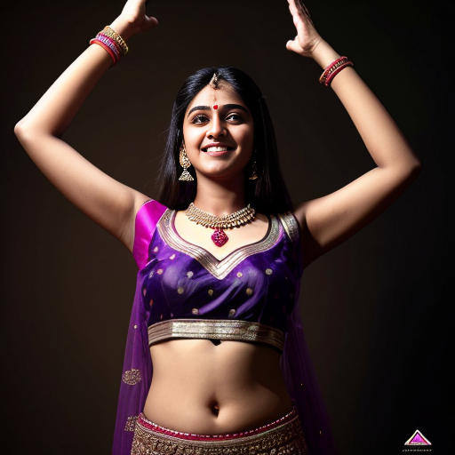 A 23 year old Indian woman in purple lehenga choli, raising arms above head