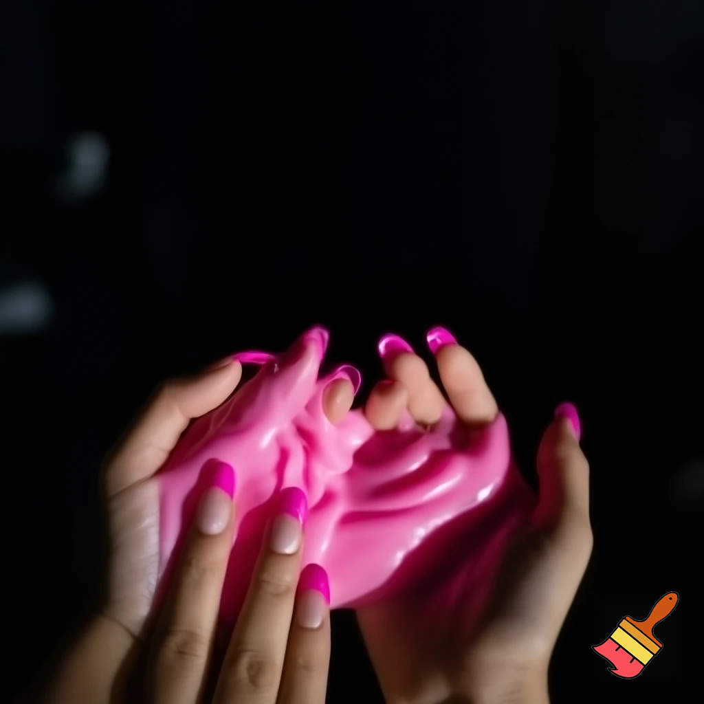crate a picture of hands with hot pink glitter French tip nails playing with lots of solid fluffy pink slime. Make it look very baddie with dark backround
