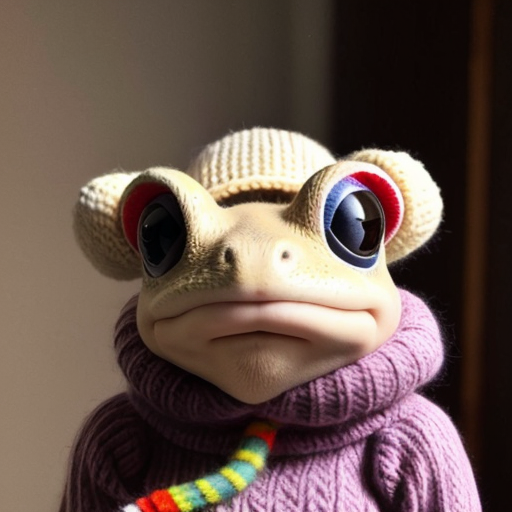 A laughable, puzzled animal toad in woolen, multicoloured winter clothings with woolen, funny winter cap. Hyperrealistic art style.