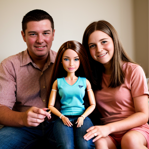 make a family photo of 3 with a 3 year old barbie and a 15 year old ken with there dad