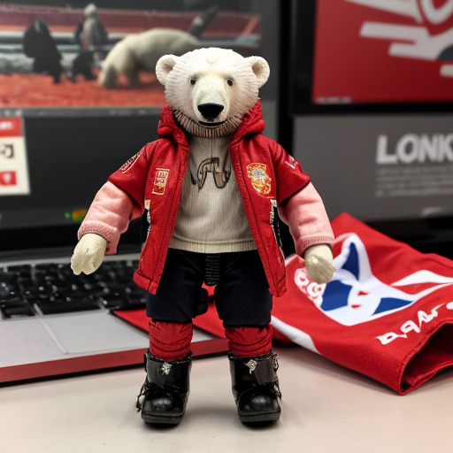 Action figure, animatronic polar bear cub with red hair, red jacket with 2 racing flags, red pants, and black boots