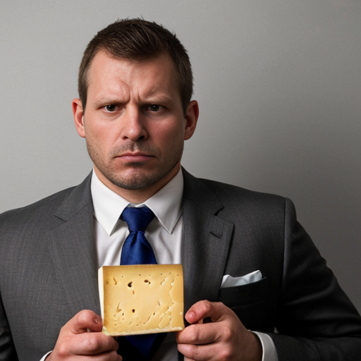 Strong rat, cheese in hand, mug shot evil with suit