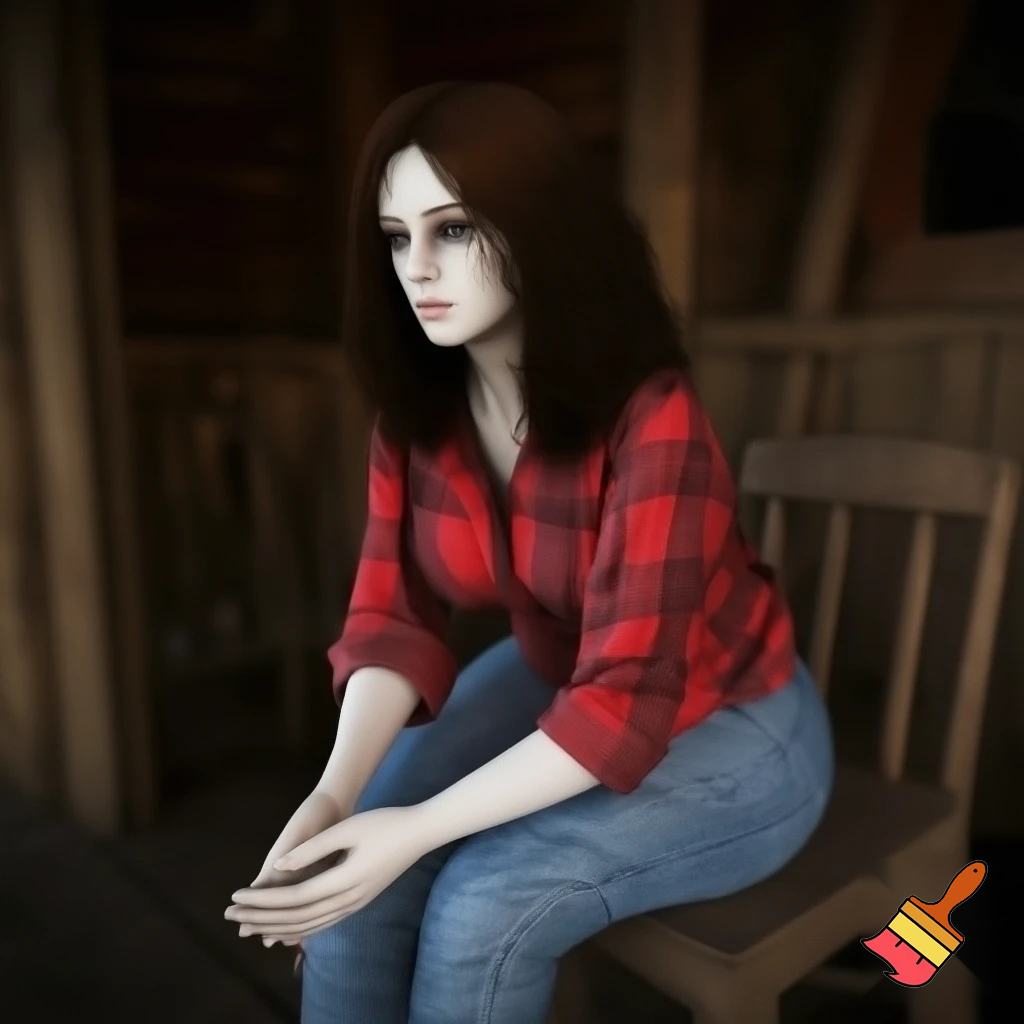 Woman. Somewhat realistic. Very pale skin. She is in a cabin. She is sitting on a wooden chair with her legs crossed. Her hands are folded in her lap. She has narrowed eyes. Her eyes are dark gray. She has dark brown wavy hair. She is wearing a red flannel shirt with sleeves that roll up to her elbows. She wears jeans. Her hips are curvy. Her bust is somewhat big