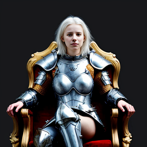young tall white-haired woman in armor sits on a throne