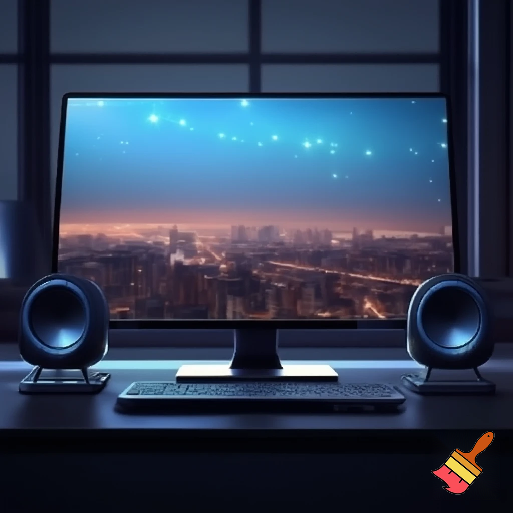 Computer with speakers in front of a city view window 