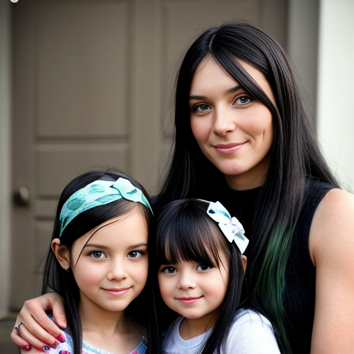 create a family photo with a mom whos  26 years old  and make her have black long hair with light blue eyes. with her boy triplets 2 years old with black hair and green eyes and then with her triplet daughters who are 16 make them have blue eyes with black long hair 