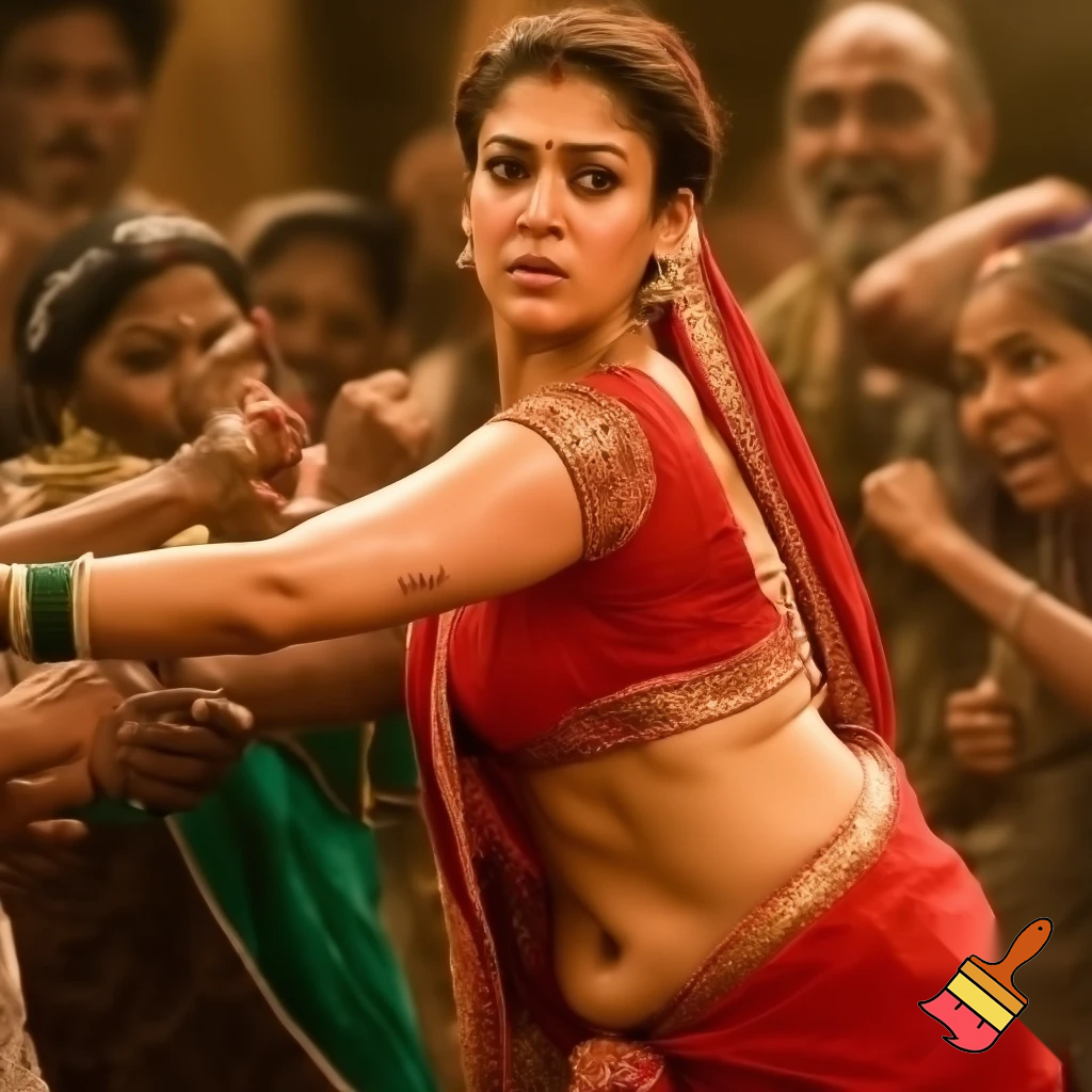 Dominant strong nayanthara saree rapes her weak husband on their wedding anniversary by kneeing him on the groin to forcefully submit him during a domestic dispute between them to decide on the ruler of the house. she thrusts force on him to create maximum pain as she subdued him. His strength is of no match to her powerful hold and he couldn't free himself from her hold. Her beauty is soo seductive to him but he has no energy left to challenge her and she completely obliterates him. He yields to her dominance by submission. Reveal her toned back, body, strong buttocks and boobs in saree and his sweat as a result of tiring fight. Make it realistic and believable. She punishes him relentlessly as she exposed her strength, figure,and emotions, no one there to help him as he pleads for mercy