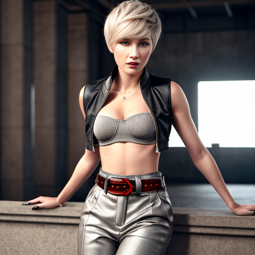 Attractive woman with an ash blonde pixie cut and a slim build wearing bold makeup wearing a cropped jacket, a bandeau top, cigarette pants with a belt and chunky heels 