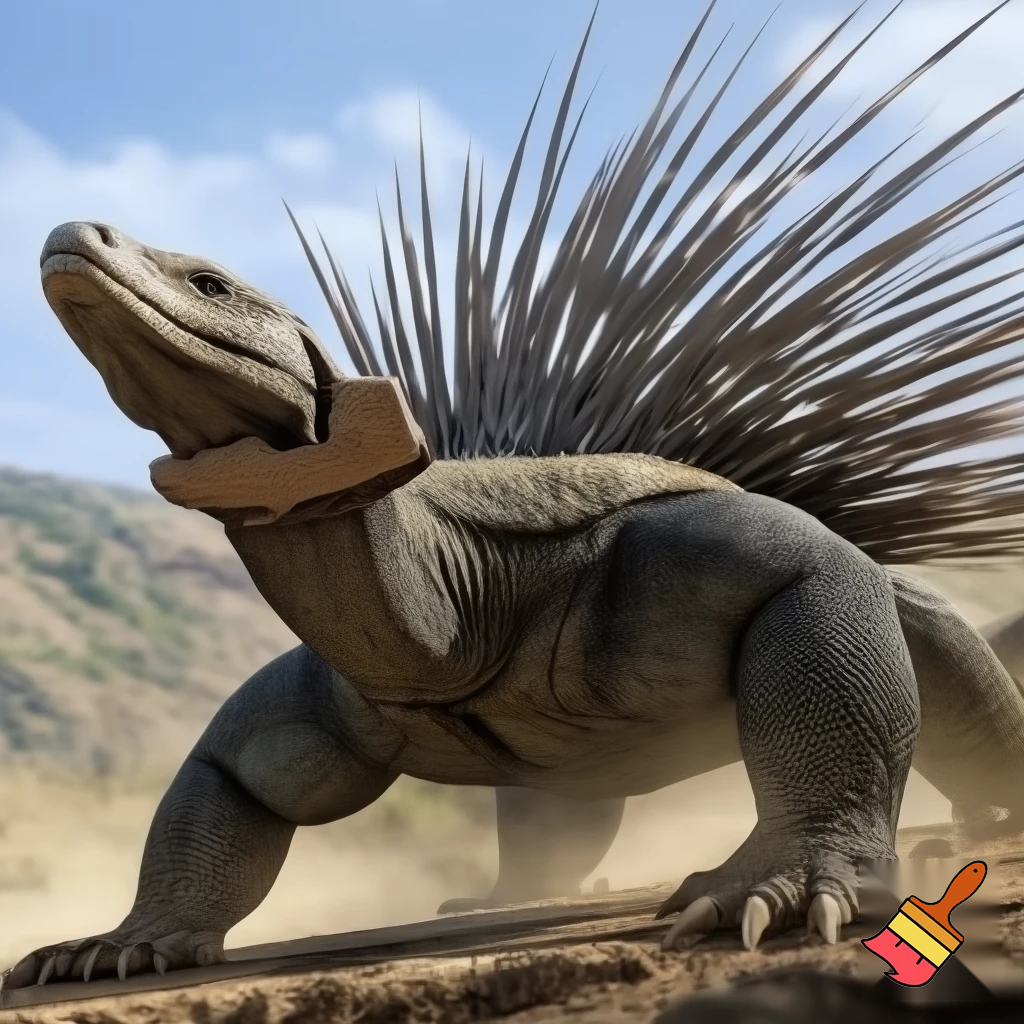 Half porcupine half komodo Dragon kicking swinging a wooden board