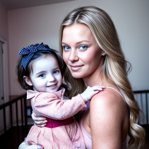 create a family photo of a 27 year old mother with dark blonde hair with blue eyes and her 2 year old daughter with blonde hair with blue eyes in pink at a house