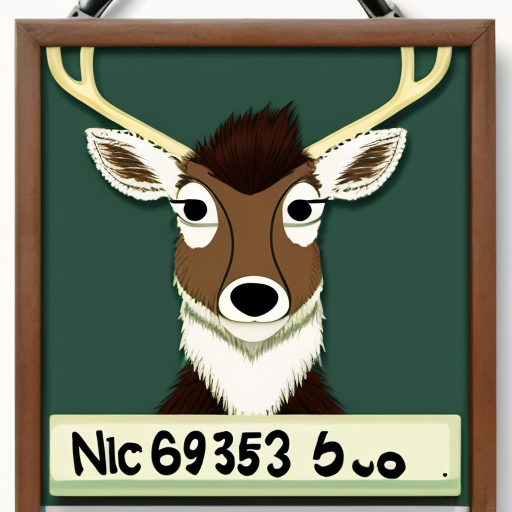 a mug shot deer criminal with a straight face with scars with a  number board looking cartoon
