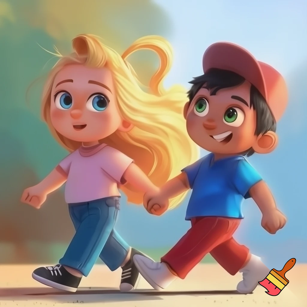 A girl with yellow hair, blue eyes, black shoes, blue jeans, pink shirt and the ponytail. and A boy with black hair, dark skin, green eyes, white shoes, red pants, blue shirt and a red cap.