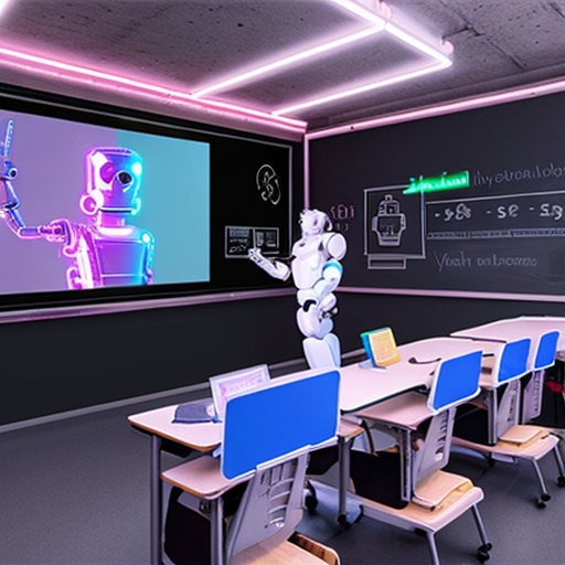 a robot teaching students in a holographic ai powered smart classroom ,digital screeens ,neon lighting
