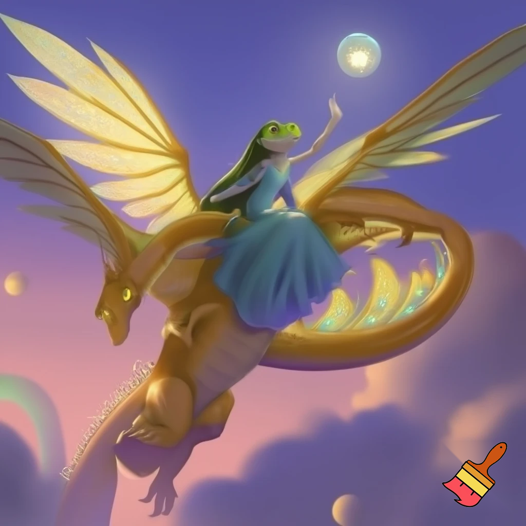 Frog Princess with light blue  dress and glowing Pearl flying a golden dragon with glowing wings