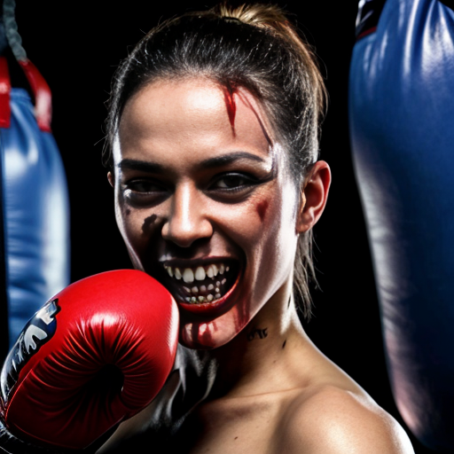 deadly dog ,sharp teeth, blood dripping , face tats, nose ring ,navy bluey prisoner fit mug shot boxing gloves