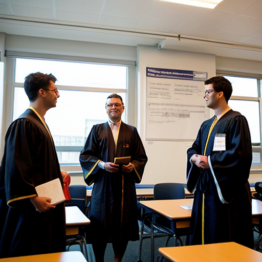 “large university campus full of students in ancient robes, discussion, learning, vibrant environment”