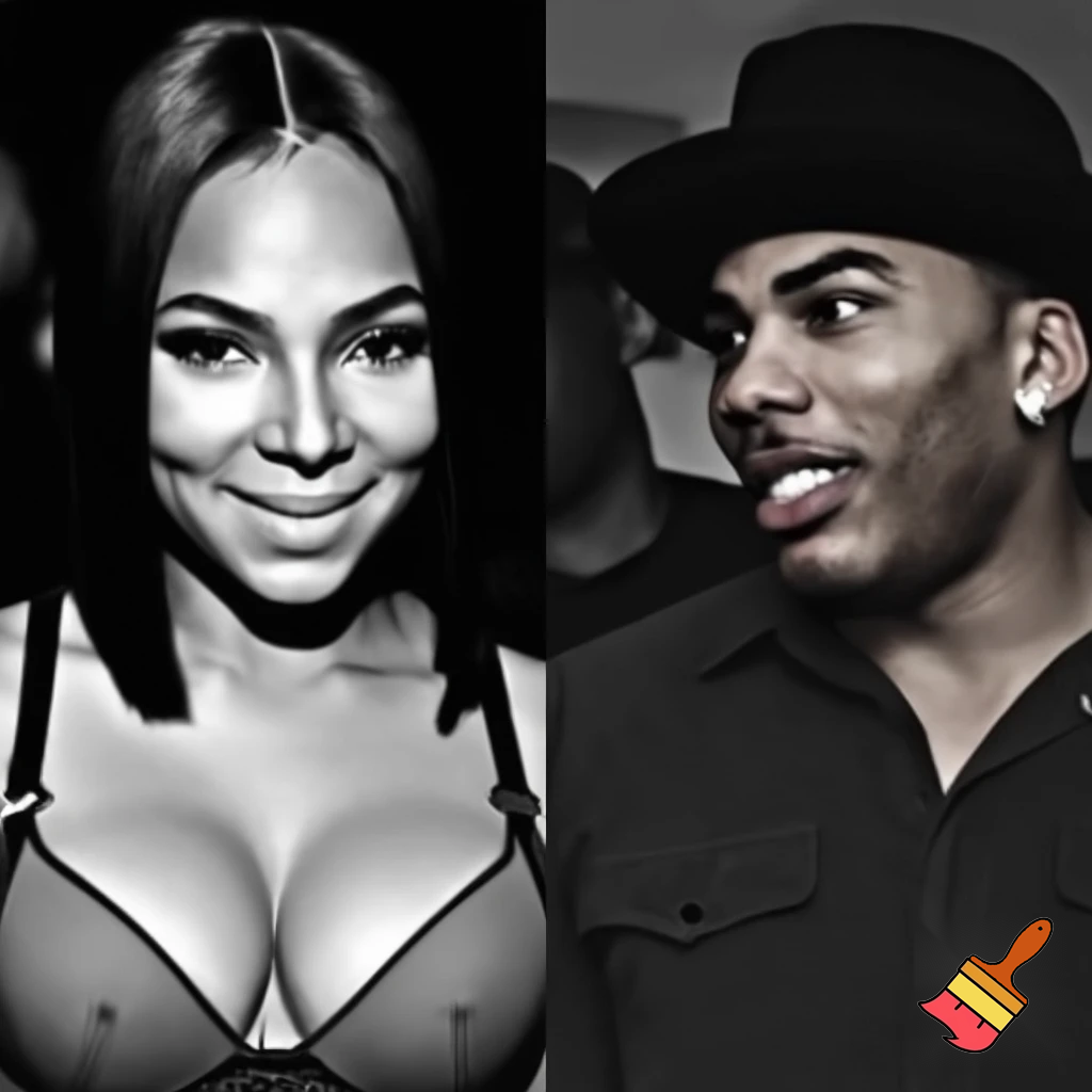 Ashanti with a black sleek middle part bob hair wearing a grey and black bra and Nelly wearing a button up shirt and black hat in a black and white photograph 