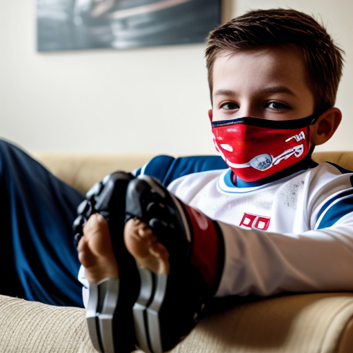 A photo of a five-year-old boy dressed in a full russian football uniform lying on a couch. A group of beautiful Israeli man soldiers put their feet in the boy's dirty boots on his shorts and face. The boy's face is covered with a white, transparent liquid