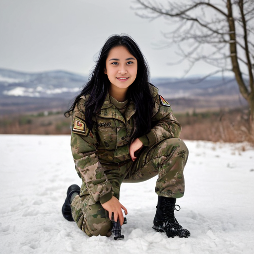 realistic colours, zoomed out veiw. large eyes looking to the left behind the camera, long black hair, red eyes, 19 years old girl. wearing white military camo clothing, jacket and pants  with british sas flag on the sleeve, kneeling in snow, holding a rifle. anime stye 