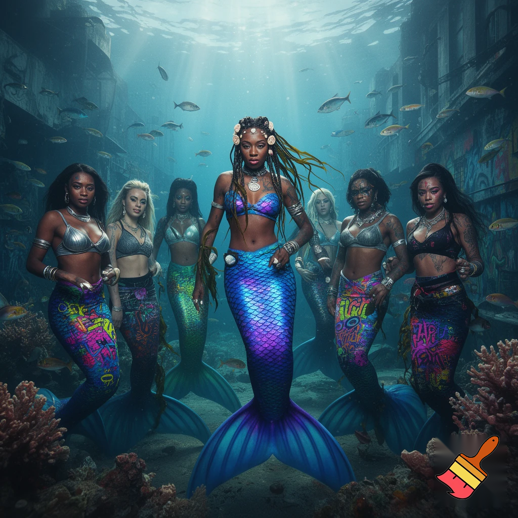Mermaid with a gang of mermaid ina ghetto style undersea world