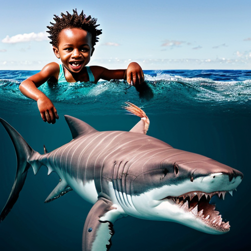 African American kid riding a shrimp dunking on a shark in the ocean with t-rex with kazer eyes in the back