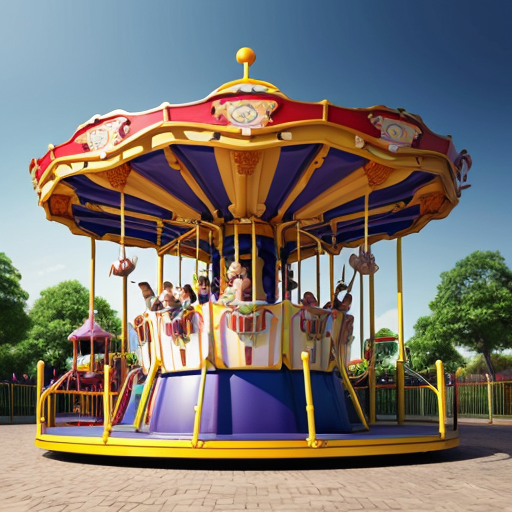 A photorealistic, portrait-oriented image of a vibrant children's amusement park ride, such as a merry-go-round. The scene should be dominated by #FF7F50 orange and blue color scheme. Focus on a close-up or medium shot composition, do not have people in it