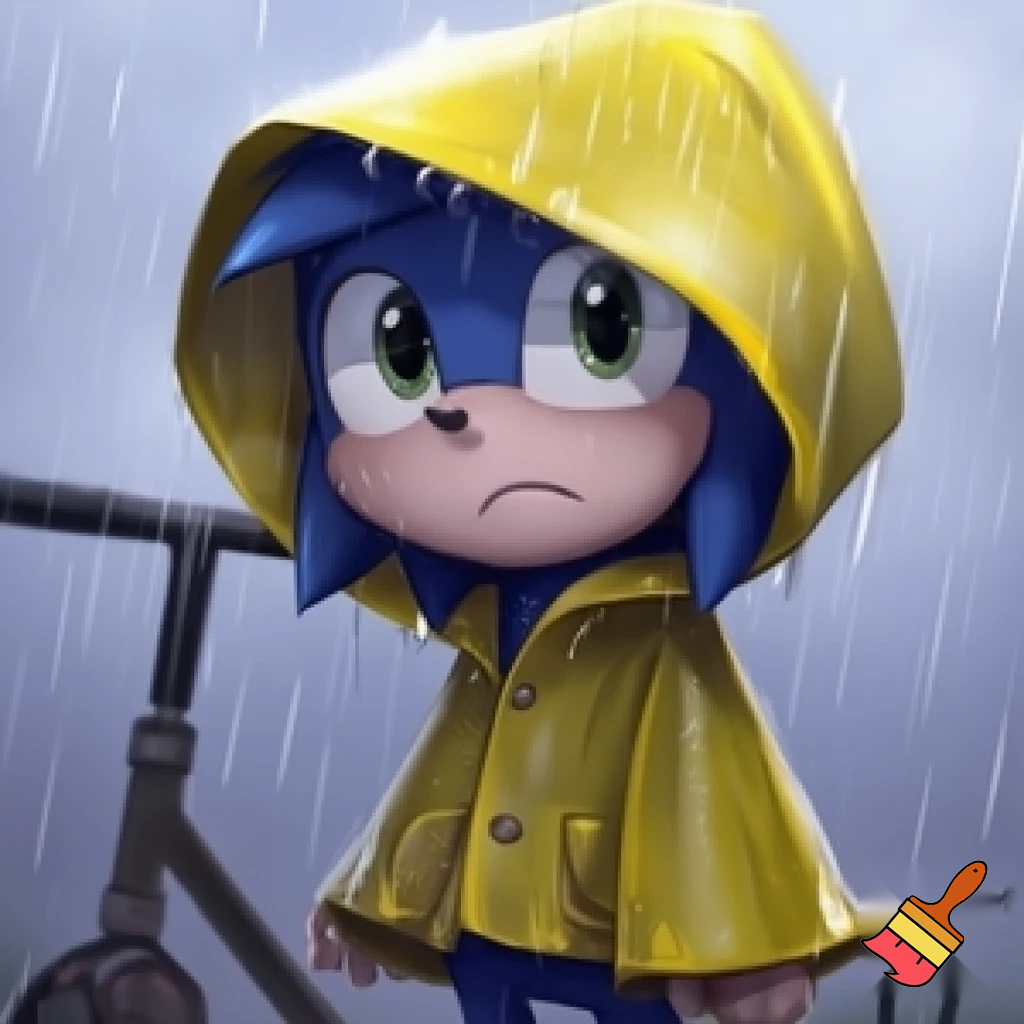 A sonic with a eyebrow gloomy tears  a sad mouth with bikecycle a stand rain raincoat yellow

