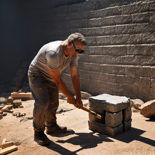 A dramatic, cinematic scene of a middle-aged man with short gray hair and sunglasses perched on his head, intensely carving the words "AMBRIMERDA" into a massive, rough-hewn stone block using a chisel and hammer. He's dressed in worn gray t-shirt and pants, covered in dust and sweat, standing on a rocky quarry floor with scaffolding nearby. Warm golden-hour lighting filters through dust particles in the air, casting long shadows and highlighting the texture of the stone and tools. 