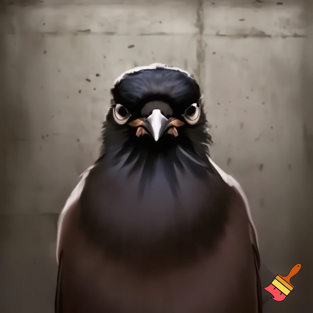 generate a image of a indian myna in a mugshot looking fierce, sinister, evil and deadl
