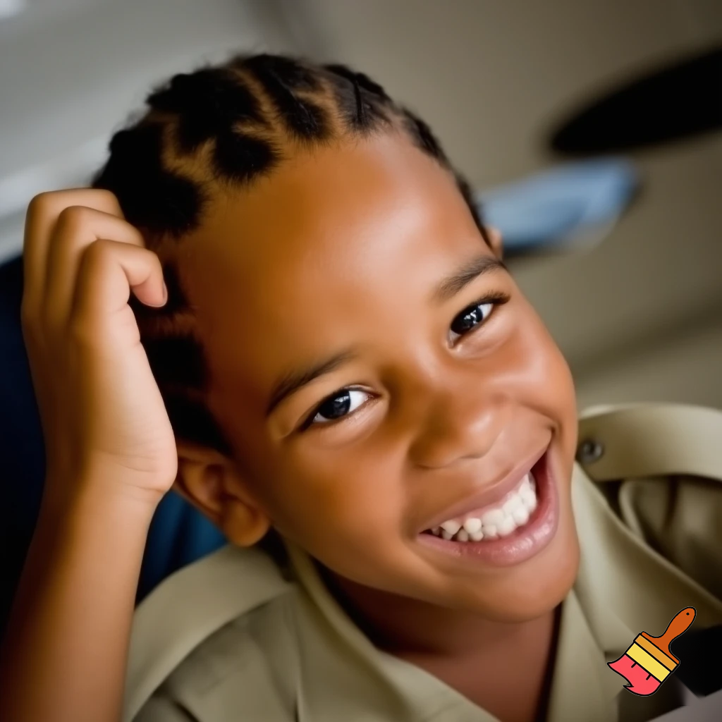DO NOT put a bun in the boy's head. In the office a nine year old Jamaica, looking pleased with himself, student boy in khaki 
