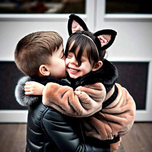 A cute little girl with a faux fur jacket that looks like fox fur, and she has fox ears. She is hugging a little boy and kissing him