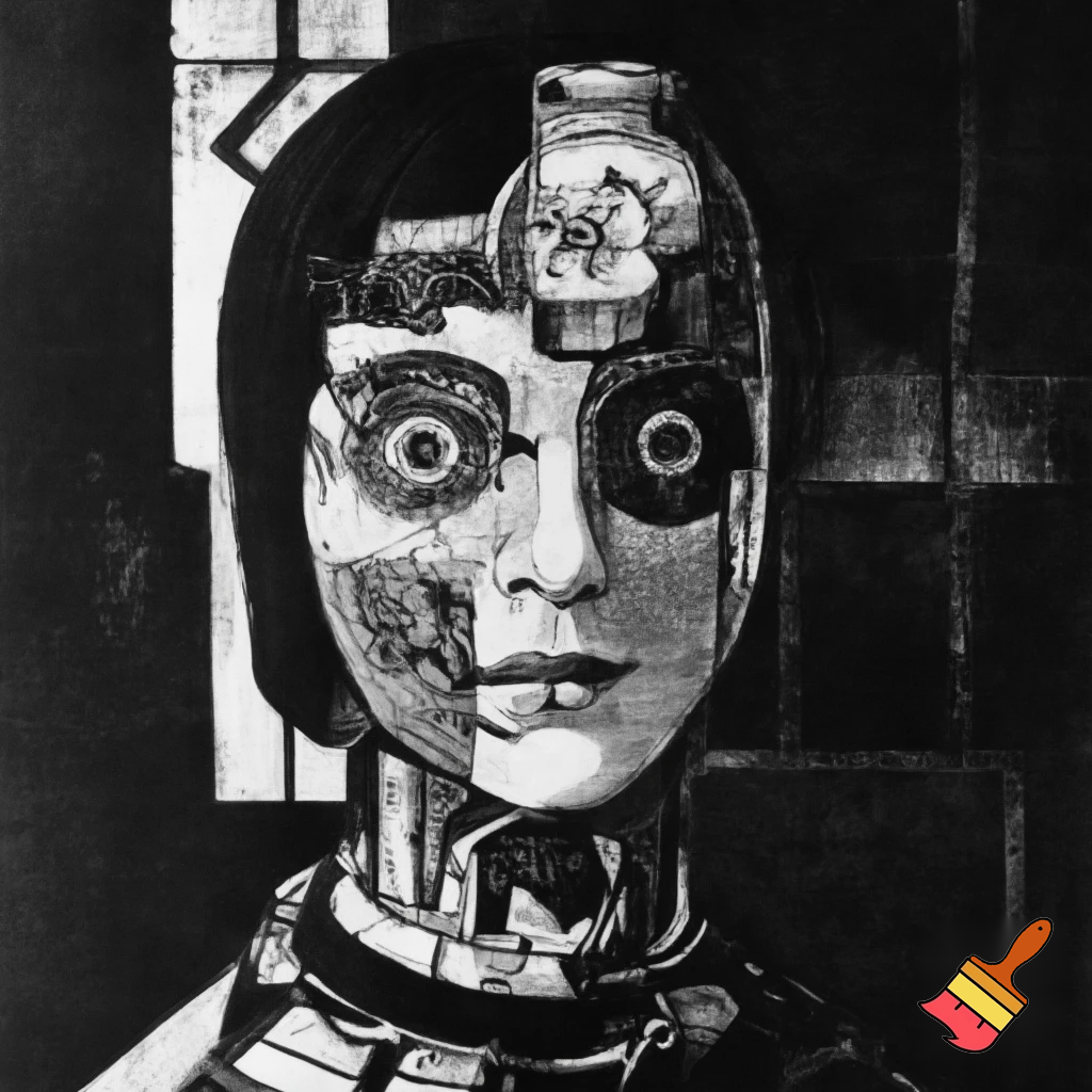 Bio-mechanical girl portrait, noise art. In the style of a 1920's German Expressionism. Black & white.