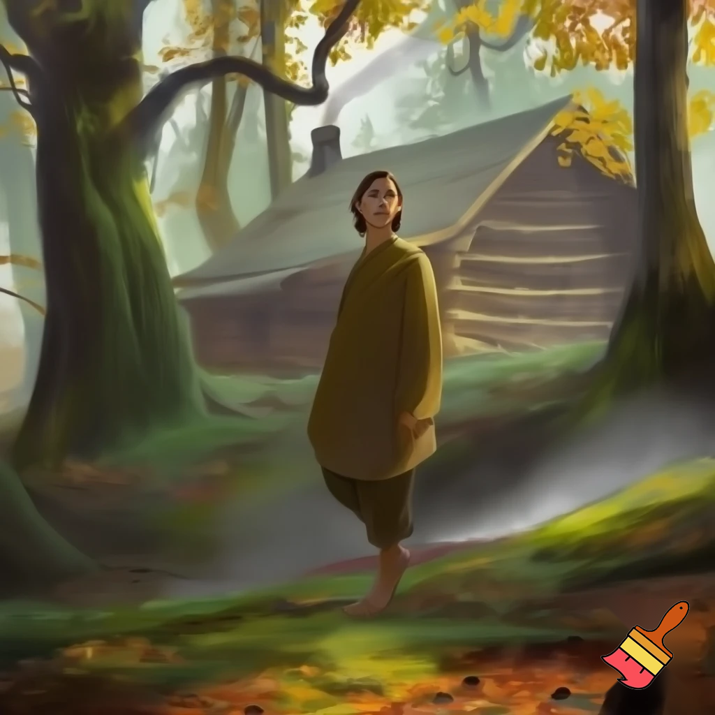 A dude with baggy clothes in the forest near a cabin 
