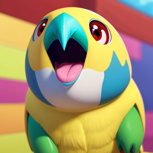 murray the budgie green with a yellow head, an a big toothy grin