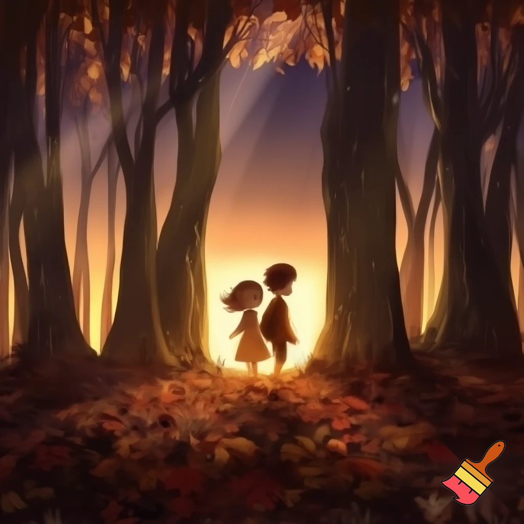 Two kids one girl one boy back to back in a forest sunset