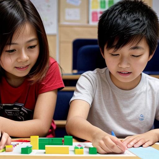 One asian student and 1 blonde student and 1 red haired grade 3 boys and girls making patterns with blocks while only wearing tabbed diapers