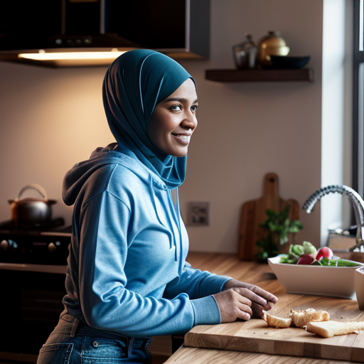 Pixar-style 3D cartoon, bright friendly colors, indoor kitchen scene. Muslim mother, 35-40 years old, fully covered in light blue dress, cooking on the stove. Her son, 20 years old, wearing a blue hoodie and black jeans, short Muslim hairstyle, sitting at the table. Warm lighting, cozy atmosphere, detailed kitchen, natural composition.