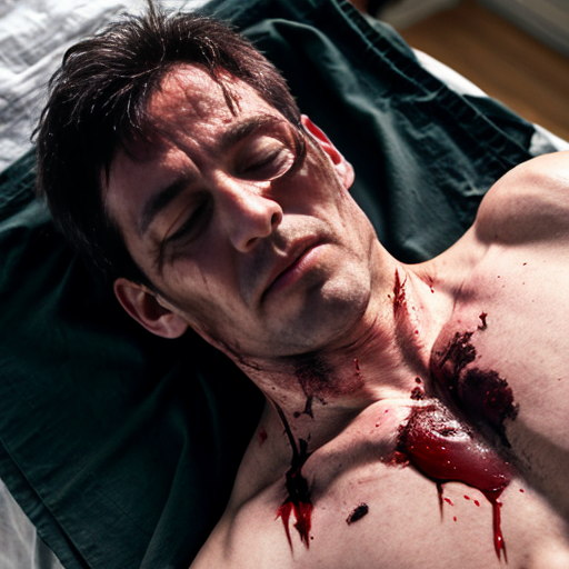 A corpse shirtless man, died, face are hiding by shirt, eye closed, chest opened wounded, blood everywhere